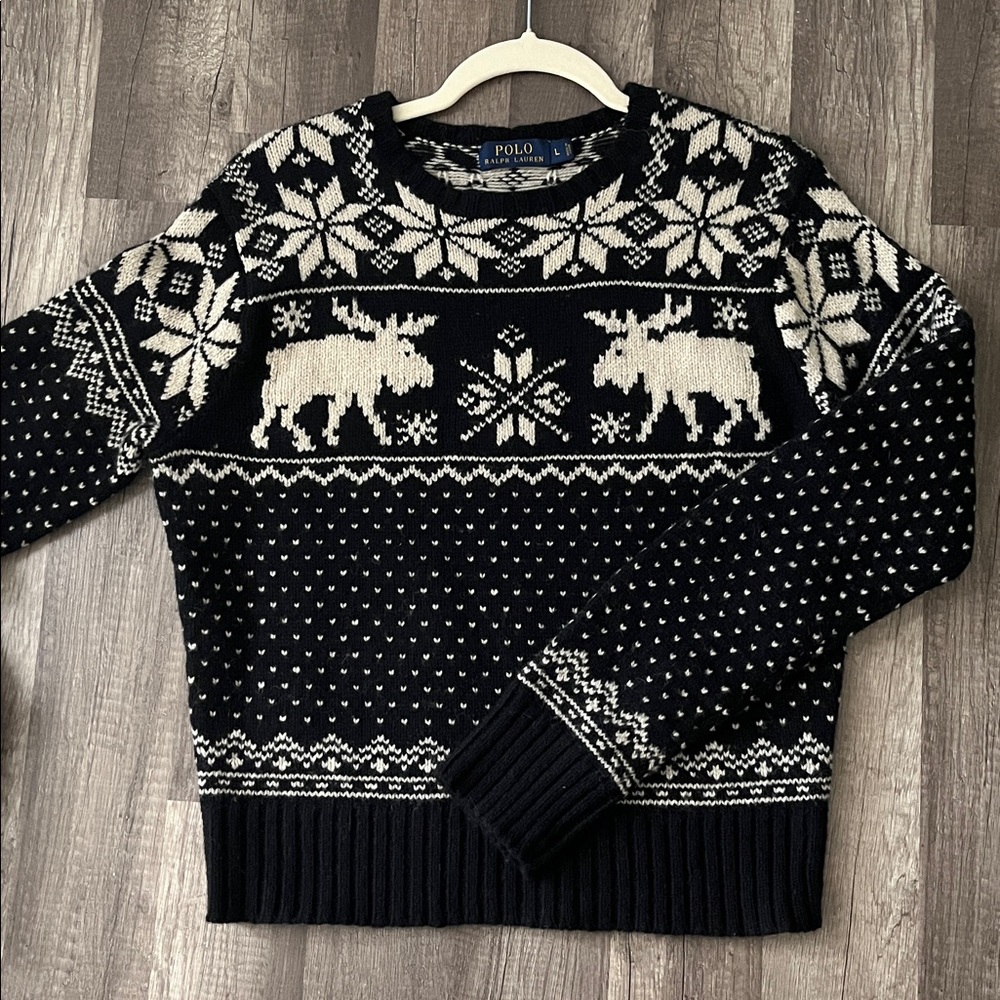 Polo Ralph Lauren Black and Cream Crewneck Sweater, Size Large